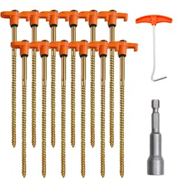 KUUGUDE Pack of 12 Tent Stakes, Tent Pegs for Screws, Rotating Screw Pegs, Camping, with Nail Puller and Bit, Robust Steel Pegs for Camping and Outdoor (Orange Colour)