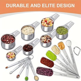 Stainless Steel Measuring Cups and Spoons Set of 18, Includes 7 Measuring Cups, 6 Rectangular Spoons and 5 Tiny Spoons, Metal Kitchen Measuring Set, Engraved Markings for Dry and Liquid Ingredients