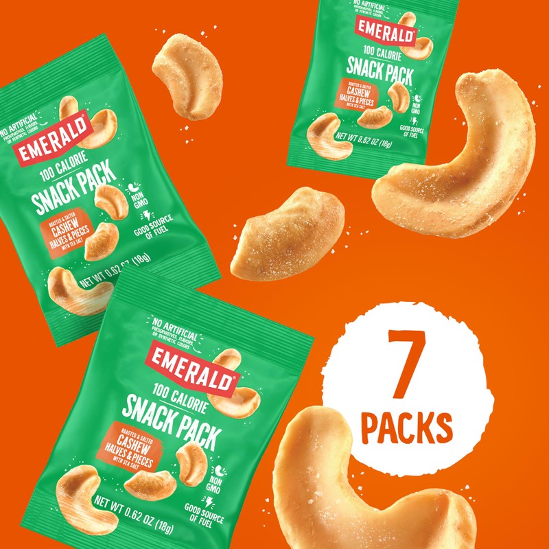 Emerald Nuts Roasted and Salted Cashews 7ct (1-Pack), 100-Calorie Individual