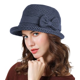 Adigaber Women Cloche Bowler Hat 1920s Vintage Roll-up Brim Derby Church Plaid Hats for Ladies with Bowknot Adjustable Navy Blue