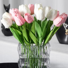 Gowwfud 20pcs Artificial Tulips PU Touch Single Stem Fake Flower Bouquet Arrangement for Home Party Wedding Decoration (10Pink&10White)