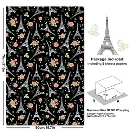 Eiffel Towel Wrapping Paper On Black Gift Wrapping Paper 4 Sheets Folded Flat 20x30 Inches Per Sheet, Flower Gift Wrap for Wedding, Birthday, Bridal Showers, Mother's Day, Valentine's Day Holiday Christening and More Occasion