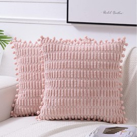 AUTOWT 2 Packs Decorative Throw Pillow Covers - 45 x 45 cm Outdoor Cushion Cases with Pom-poms - Boho Home Decor - Square Striped Corduroy Pillowcase for Couch Sofa Bed Bedroom Living Room