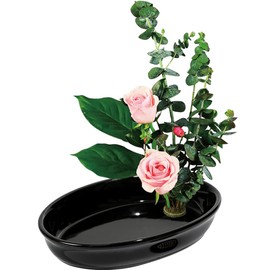 YUYAKESHI Flower Vase, Flower Arrangement, Flower Arrangement, Japanese Style Tabletop, Plate, Ohara Style, with Kenzan (Black, Oval Shape 10.0 inches (25.5 cm)