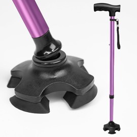 Adjustable Walking Cane for Women,10-Level Height Telescopic Walking Stick with 4-Prong Anti-Slip Pivoting Base, Wrist Strap, Heavy Duty Walking Aid for Adults & Elderly, Light Purple