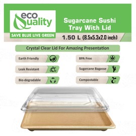 EcoQuality X-Large Compostable Sushi Trays with Lids - Natural Sugarcane Bagasse Take Out Sushi Container - Biodegradable, Disposable Sushi Plate with Lid, Eco Friendly, To go, Serving Tray (50)