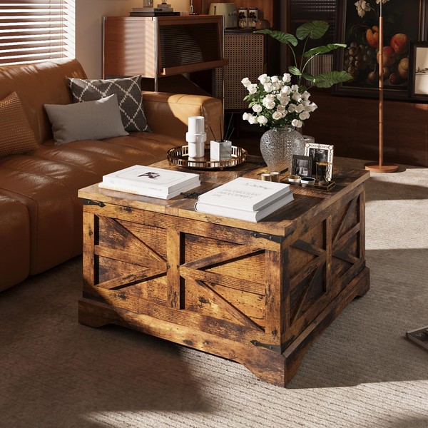 MXV Farmhouse Coffee Table with Storage, Square Coffee Tables for