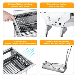 Uten Barbecue Grill, Stainless Steel BBQ, Large Folding Portable BBQ Grill, Charcoal Grill for Outdoor Cooking Camping Hiking Picnics