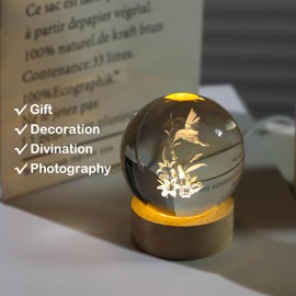 Arikyrist 60mm Crystal Hummingbird Figurines Gifts with Wooden Base, 3D Glass Sphere Paperweight Laser Engraved Humming Birds Figurines Night Light Decoration for Home Office.