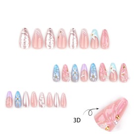 Blue French Tips Press on Nails Medium Almond Fake Nails with 3D Butterfly Flowers Pearls Designs Lines Aurora Floral Acrylic Nails False Nails Full Cover Glossy Stick on Nails for Women Girls 24Pcs