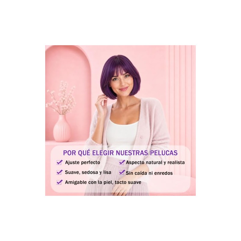 GALASALA Disfraz Mujer, Pelucas para Mujer Bob Corto con Flequillo