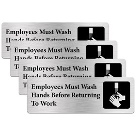 Silvivao Employees Must Wash Hands Signs, Wash Hands Signs for Business, 9 x 3 Inches Brushed Aluminum, Waterproof, Self-adhesive - Silver (4 Pack)
