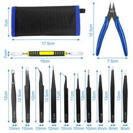 Lectorias Tweezers Set Model Making 12 Pieces Tweezers Crafts, Stainless Steel Precision Tweezers, ESD Tweezers Electronics, for Computers, Electronic Repairs, Laboratory, Precision Work