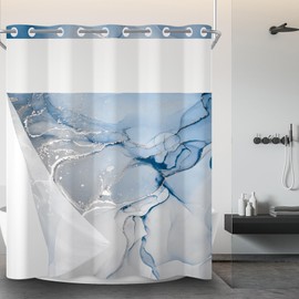 AWERT No Hook Shower Curtain with Snap in Liner Blue Marble Shower Curtain and Liner Set Double Layers Waterproof Fabric and See-Through Top Window Bathroom Decorative 71x74inch
