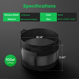 VIVOSUN 3-Pack 10 Gallon Visible Potato Grow Bags, 320G Thick Nonwoven Fabric Pots with Strap Handles, Shade Cloth & 10 Pcs Plant Labels for Flowers, Vegetables