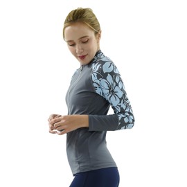 Private Island Women UPF50+ Front Zipper Up Long Sleeve Swimsuits Top with Both Side Pockets Swim Rash Guard (XS, GwB-JRSRGT)