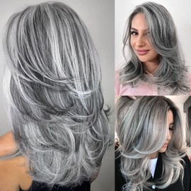 Mayouda Long Layered Wigs for Women Natural Wavy Layered Cut Hair Wig Layered Wavy Hair Wig for Women Layered Hair Cut Synthetic Hair Replacement Wig (Grey)