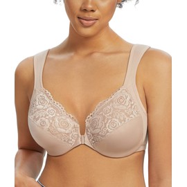Lemorosy Wide Strap Front Closure Bra Lace Full Figure Underwire(Beige Wide Strap,42D)