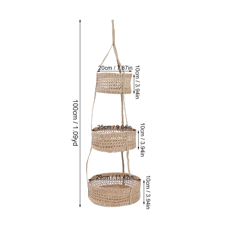 Hanging Fruit Basket Rattan 3 Tiers Multifunctional Foldable Elegant Style