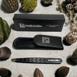 Wolf & Griffin Black Edition Ultimate Precision Tweezers with Case, Stainless Steel with Black Coating, Professional Angled Eyebrow Tweezers for Men and Women