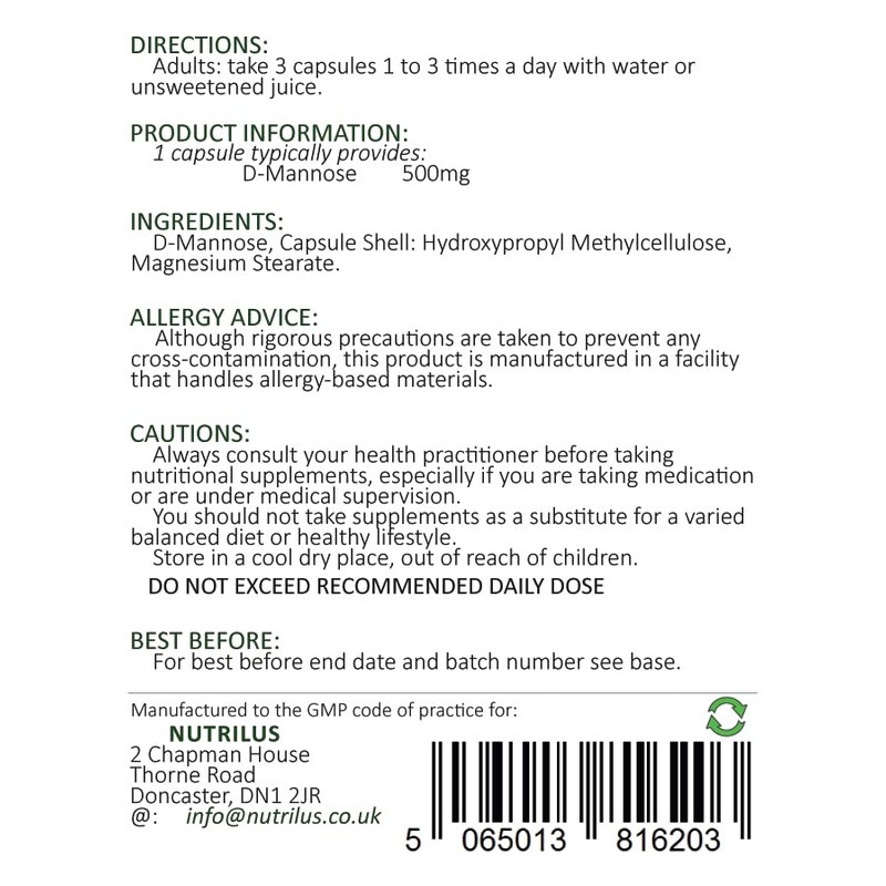 D-Mannose 90 Capsules 500mg - 1000mg per Serving - Pure