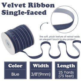 HUIHUANG Blue Velvet Ribbon 3/8 inch x 25 Yards Single Face Vintage Velvet Ribbon for Gift Wrapping, Christmas Tree Ornaments, Wreath Decor, Invitations, Hair Bows, Flower Bouquet, Home Decor