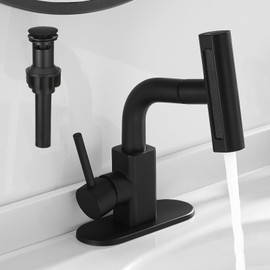 RUMOSE Matte Black Bathroom Faucets with 4 Mode Pull Down Sprayer Single Handle Waterfall 360°Swivel Bathroom Sink Faucet with Pop Up Drain 1 or 3 Hole Pull Out Bath Bar Vanity Faucet with Deck Plate