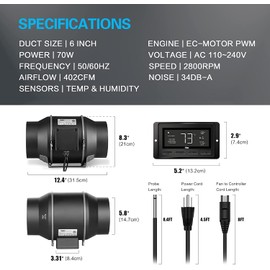 iPower 6 Inch Inline Duct Ventilation Smart Fan (Support Alexa) for Grow Tent, Black