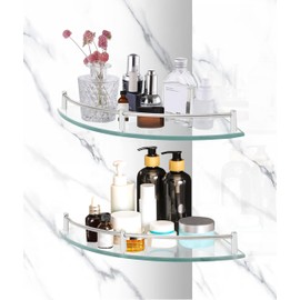 Gugxiom 2-Pack Glass Corner Shower Shelves, Glass Corner Shelf for Bathroom, Wall Mount Bathroom Shelves, SUS 304 Stainless Steel Tempered Glass Shelf with Rail, for Bathrooms and Toilets