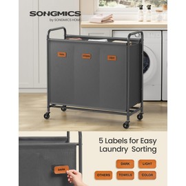 SONGMICS Laundry Hamper with Wheels, 3-Section Laundry Sorter, 44.9 Gal. Capacity, Portable Laundry Cart with 5 Labels, for Laundry Room, Bedroom, Bathroom, Slate Gray URLS330G01
