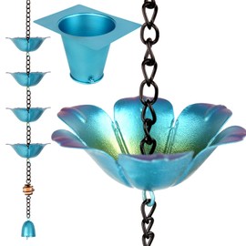 9FT Wrought Iron Rain Chain Set with 1 Adapter,Rain Chains for Outside with Rain Chain 16 Cups Flowers and Decorative Small Bell (Blue-Purple)