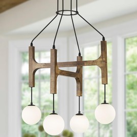 Rustic Wood Chandeliers with Milk Glass Globes Lampshades L24 '' Unique Mid Century Long 4-Light Pendant Chandelier Farmhouse Light Fixture for Living Dining Room Entryway Foyer Bedroom Kitchen,G9