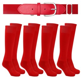 Baseball or Softball Sock & Belt Combo Set Elastic Socks & Adjustable Waist Belts 4 Pairs Football Baseball Socks with 1 Belt (Red)