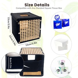Daily Treasures Square Rattan Tissue Box Cover,Hand Woven Wicker Tissue Holder,Refillable Felt Tissue Box with Hook And Loop Fasteners,Unique Tissue Storage Organizer for Home Ofiice Bedroom Hotel