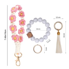 SUPECHUNYI Pack of 2 Key Chains Car Women's Key Chain Bracelet Beads Band Macrame Lanyard Short Lanyards Keychain Gift for Girls Mum and Women, White & Pink