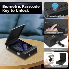 Biometric Gun Safe for Handgun - Quick Access Smart Fingerprint & Keypad Pistol Safe, Portable Small Hard Security Lock Box with Keys for Nightstand, Home, Car, Travel