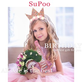 SuPoo Birthday Girl Crown and Sash Flower Birthday Headband Princess Crown Glitter Hair Band Cute Birthday Sash Tiara for Girls Happy Birthday Decorations for Girl Birthday Accessories