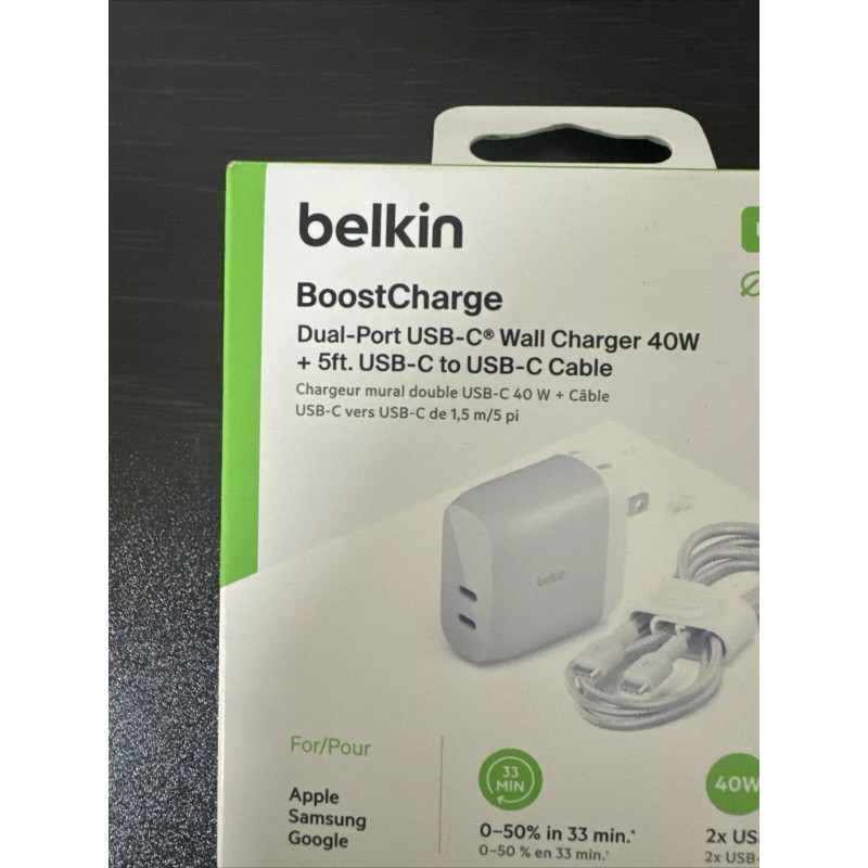 Belkin Boostcharge Dual-Port USB-C Wall Charger 40W + 5ft USB