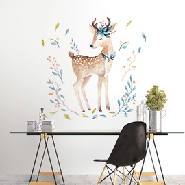 Cute Sika Deer Wall Stickers, sacinora Cartoon Little Jungle Animal Art Wall Decals Removable Vinyl Peel and Stick for Kids Baby Nursery Living Room Bedroom Children's Room Playroom Decorations