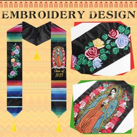 Harsever Embroidery Mexican Graduation Stole Class of 2025,Mexican Graduation Sash with Gold Honor Cord for Mexican Graduates (Flowers - 3)