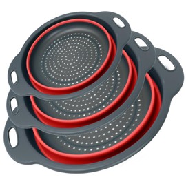 Cluren Collapsible Colander 3-Pack Set Space-Saving Foldable Kitchen Strainer with Non-Slip Base Durable Thickened PP+TPE Collapsible Strainers for Pasta, Vegetables, Fruits (Gray-Red)
