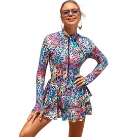 ABAFIP Women's Long Sleeve Rash Guard Swimdress Swimsuit Zipper One Piece Swim Dress Bathing Suit UPF 50 Rainbow Large