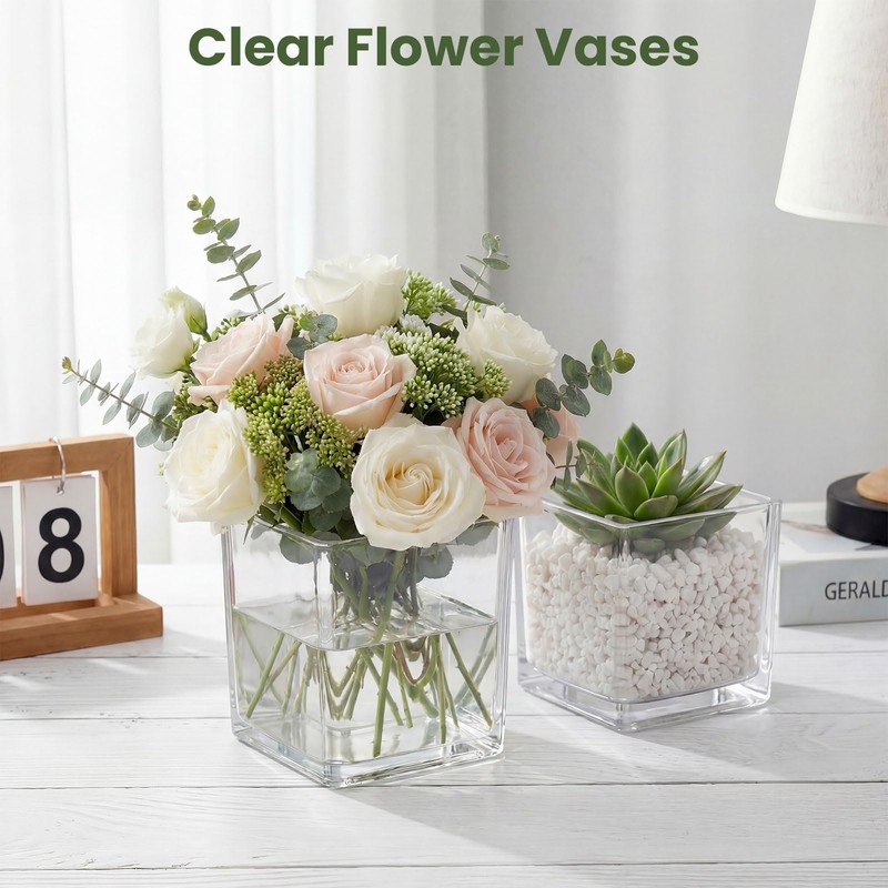 Wowang 2 Pack Clear Square Acrylic Vases 4 X 4