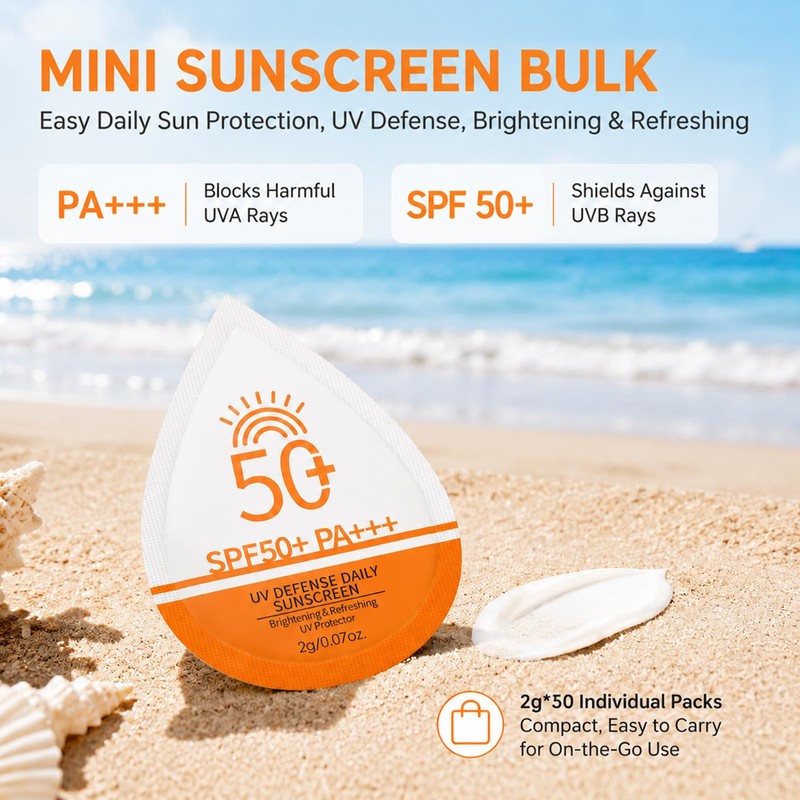 50 Pack Travel Size Sunscreen, SPF 50+ Mini Sunscreen Bulk