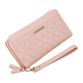 Aglem Women's Long Wallet, Double Round Zipper, Large Capacity, PU Leather, Multi-functional, Long Strap, Coin Purse, Lightweight, Present, babypink