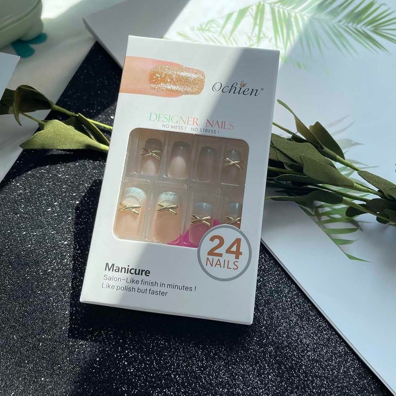 SINLOV 24pcs Square Coffin Nails Fake Nude Acrylic Print on