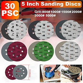 30pcs 5 Inch Sanding Discs Hook & Loop 8 Holes Wet Dry 1000 Grit Orbital Sandpaper, Silicon Carbide Round Flocking Sandpaper
