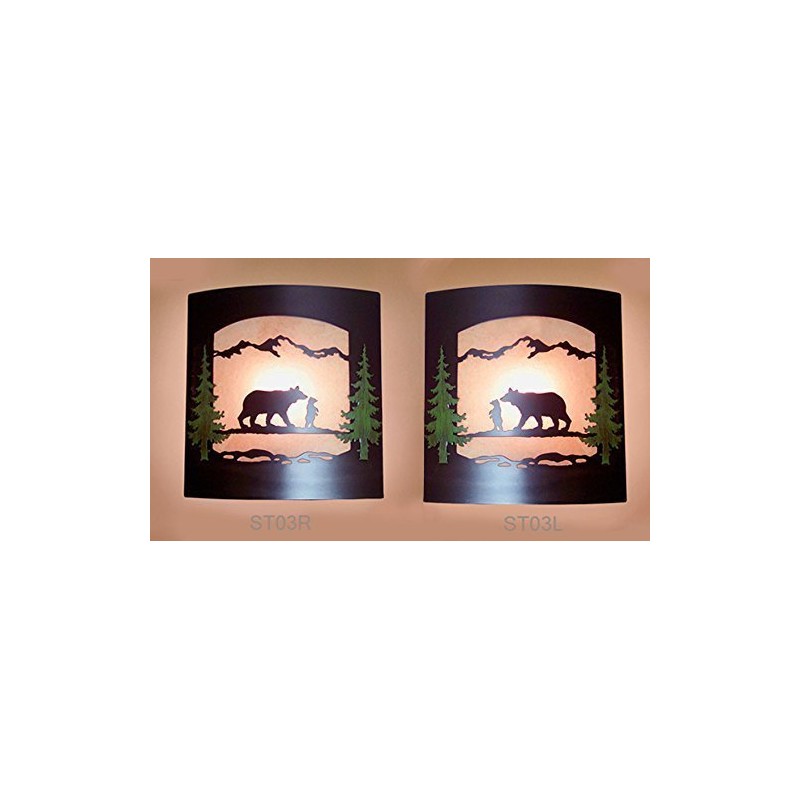 Wall Sconce Rustic Bears Light, Cabin Decor Lamp, Hand-Painted Pine