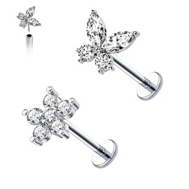 VERAMI 2PCS 16G Surgical Steel Pushin Flower Lip Rings Butterfly Nose Stud Rings Top Push in Threadless Flat Back Nose Rings Studs Cartilage Earrings for Womens