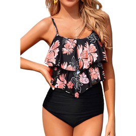 Holipick - Traje de baño tankini para mujer, dos piezas, con volantes, parte inferior de cintura alta, conjunto de bikini para adolescentes y niñas, Negro Floral, S